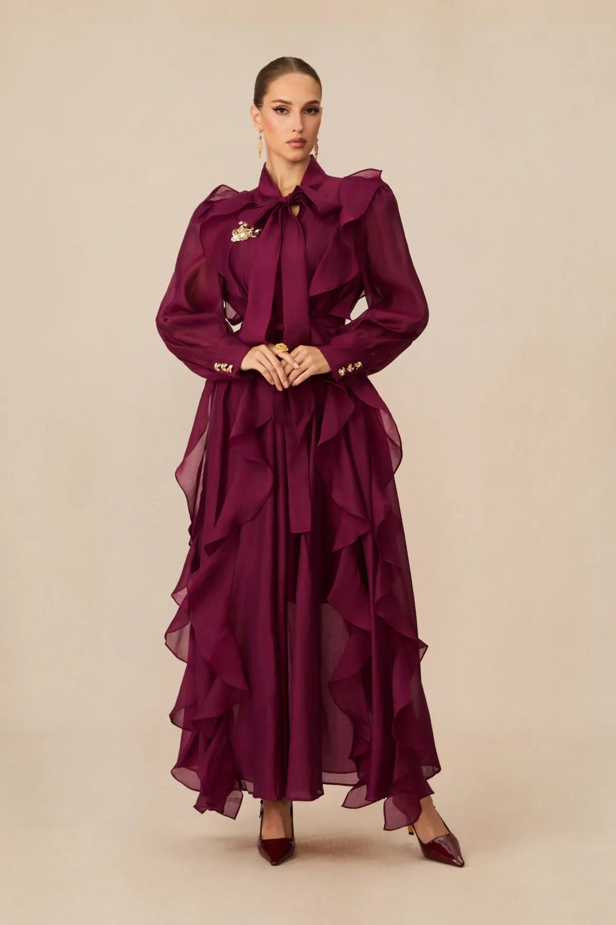 Burgundy Ruffled Tie-Neck Long Sleeve Chiffon Maxi Dress [erp-image:3dabdd06c53414ea6fb9c14d]