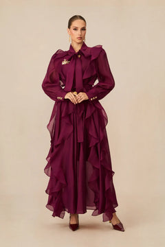 Burgundy Ruffled Tie-Neck Long Sleeve Chiffon Maxi Dress [erp-image:3dabdd06c53414ea6fb9c14d]