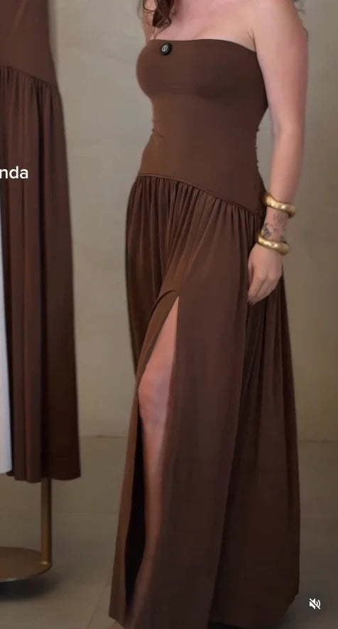 Brown Strapless Drop Waist Maxi Dress with High Thigh Slit [erp-image:916764dc7449c4a43454f39f]