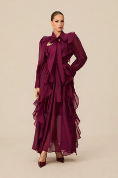 Burgundy Ruffled Tie-Neck Long Sleeve Chiffon Maxi Dress [erp-image:9775c813f03d633bc9466668]