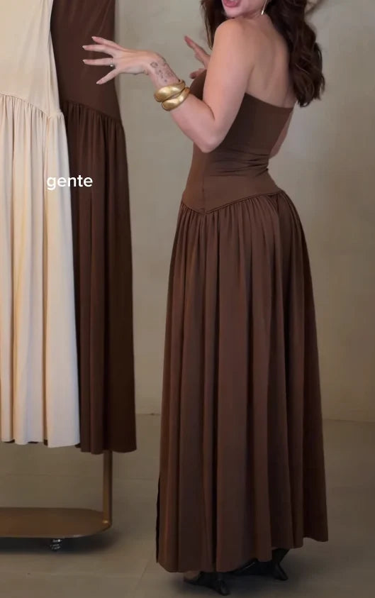 Brown Strapless Drop Waist Maxi Dress with High Thigh Slit [erp-image:afd8954a4082fff518a5c609]