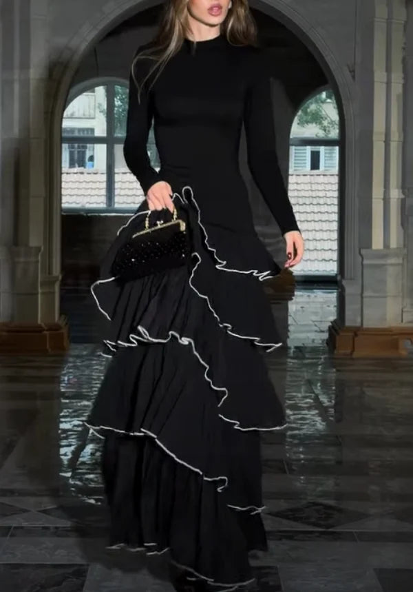 Black Long Sleeve Mock Neck Tiered Ruffle Drop Waist Maxi Dress [erp-image:8795f046219731d0778f4130]