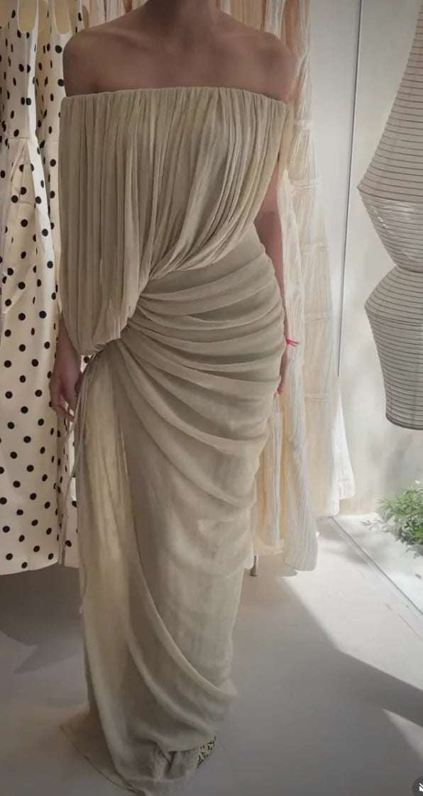 Off the Shoulder Draped Pleated Ruched Maxi Dress [erp-image:68e8be391495ebb8deccdb9f]
