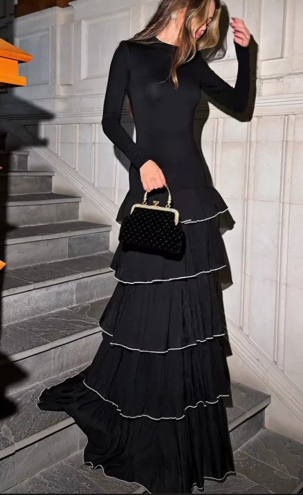 Black Long Sleeve Mock Neck Tiered Ruffle Drop Waist Maxi Dress [erp-image:94a1a2a5ec0fd1fd57759375]