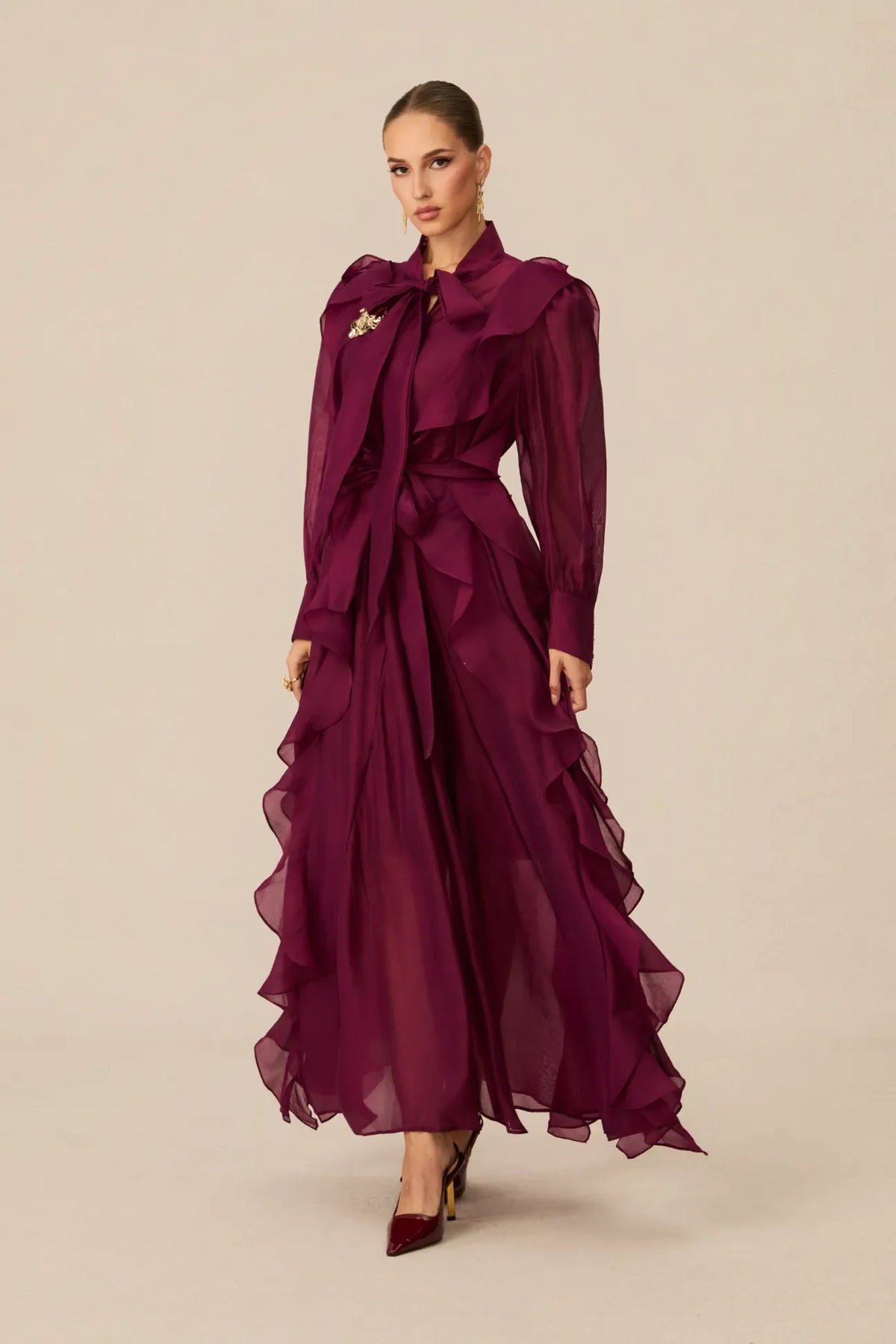 Burgundy Ruffled Tie-Neck Long Sleeve Chiffon Maxi Dress [erp-image:bca18b4023c4dac2c52f987a]