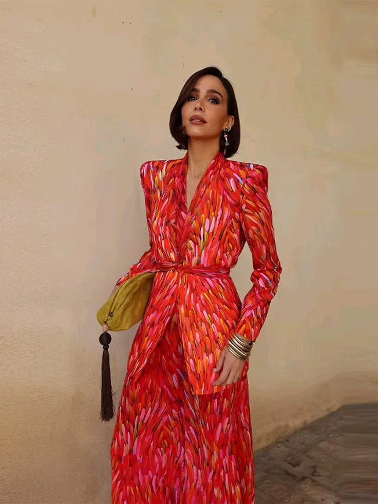 Red Brushstroke Print Tie Front Blazer and Wide Leg Pants Two Piece Set [erp-image:fcf6558a08f371615f641c78]