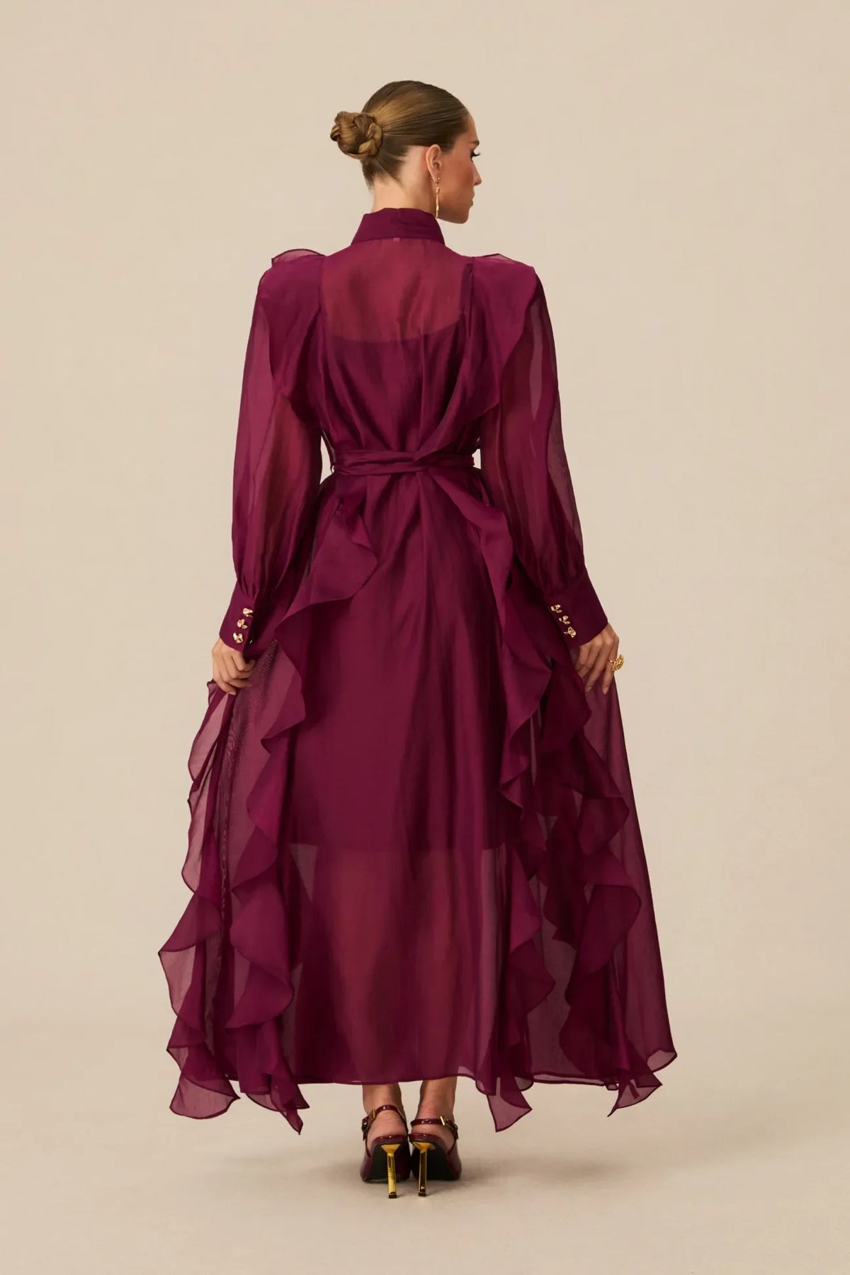 Burgundy Ruffled Tie-Neck Long Sleeve Chiffon Maxi Dress [erp-image:0ae3d15a0e03945347f5d95d]