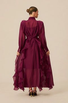 Burgundy Ruffled Tie-Neck Long Sleeve Chiffon Maxi Dress [erp-image:0ae3d15a0e03945347f5d95d]