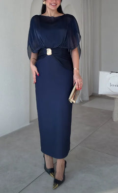 Shimmer Cape Sleeve Column Maxi Dress with Gold Buckle Accent [erp-image:21501a82351f6596fa553c89]