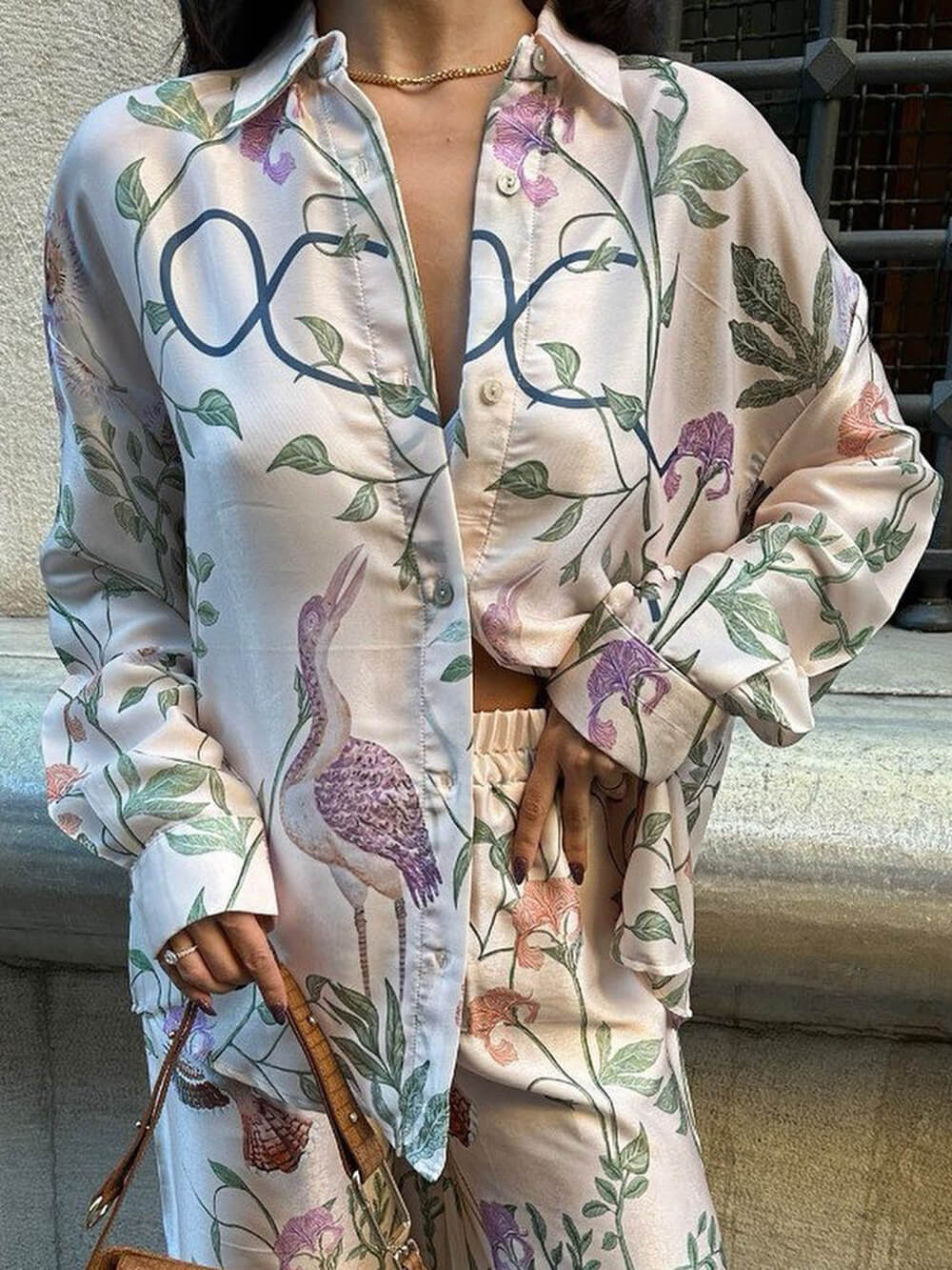 Elegant Floral Print Loose-Fit Button-Up Oversized Shirt