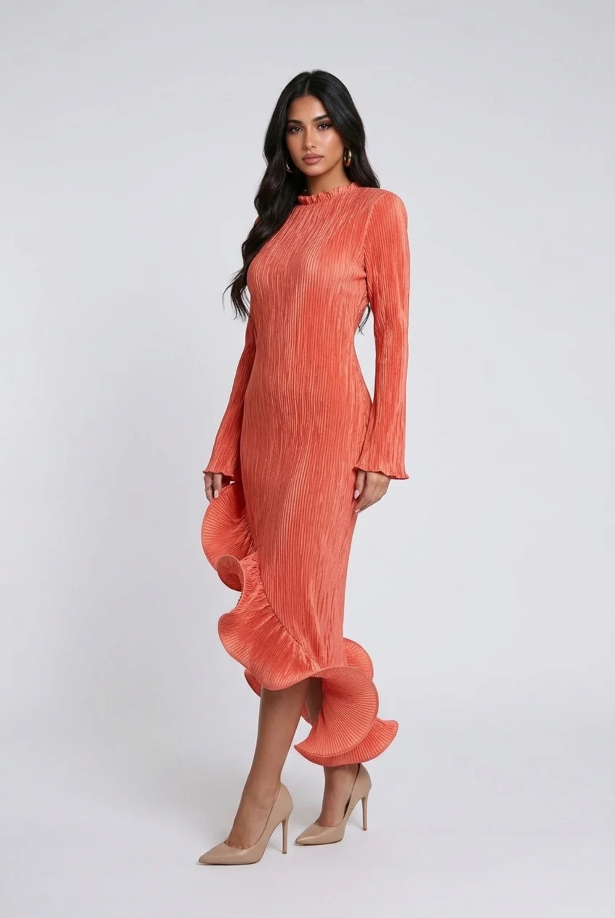 Long Sleeve Pleated High Low Dress with Sculptural Ruffle Hem