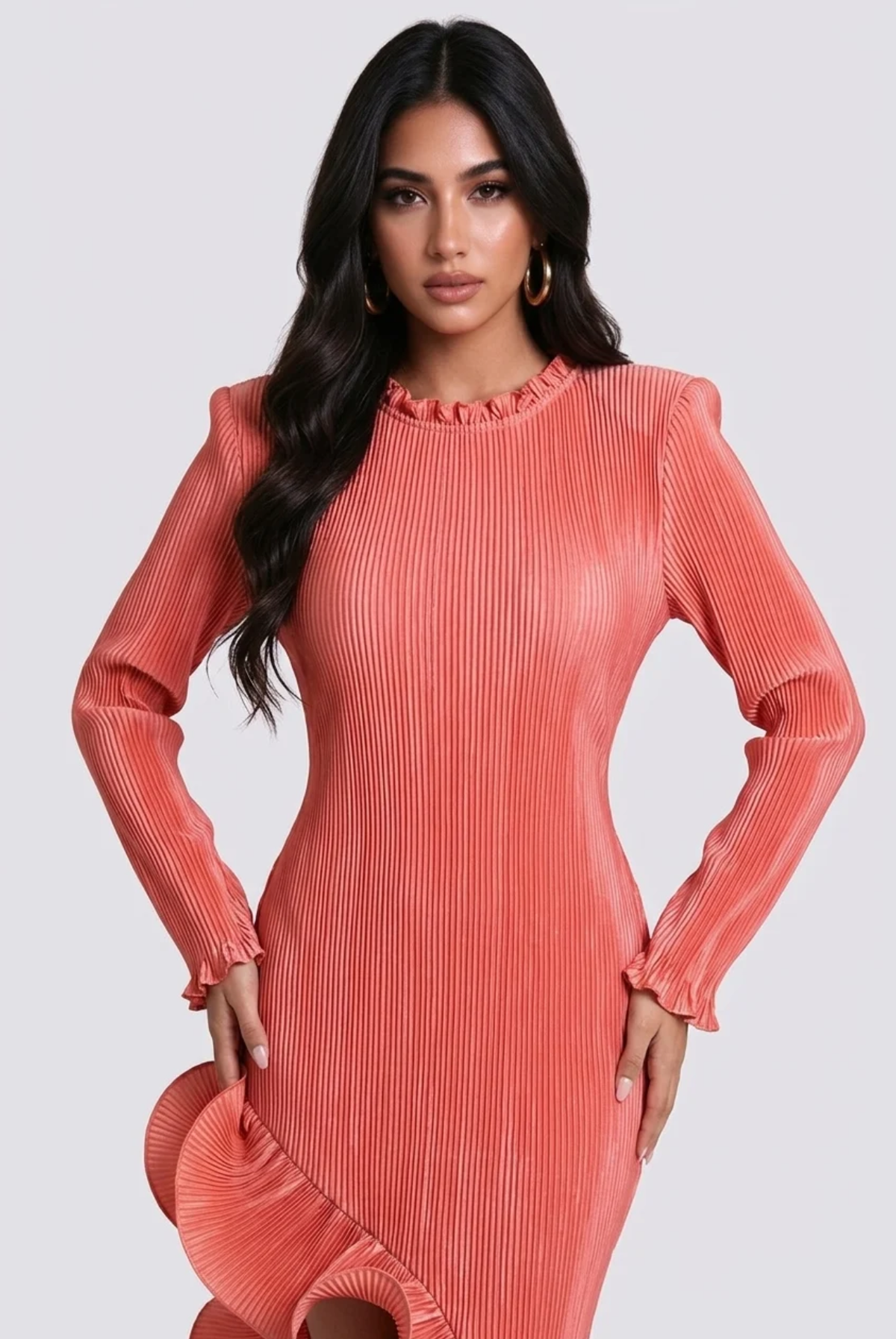 Long Sleeve Pleated High Low Dress with Sculptural Ruffle Hem